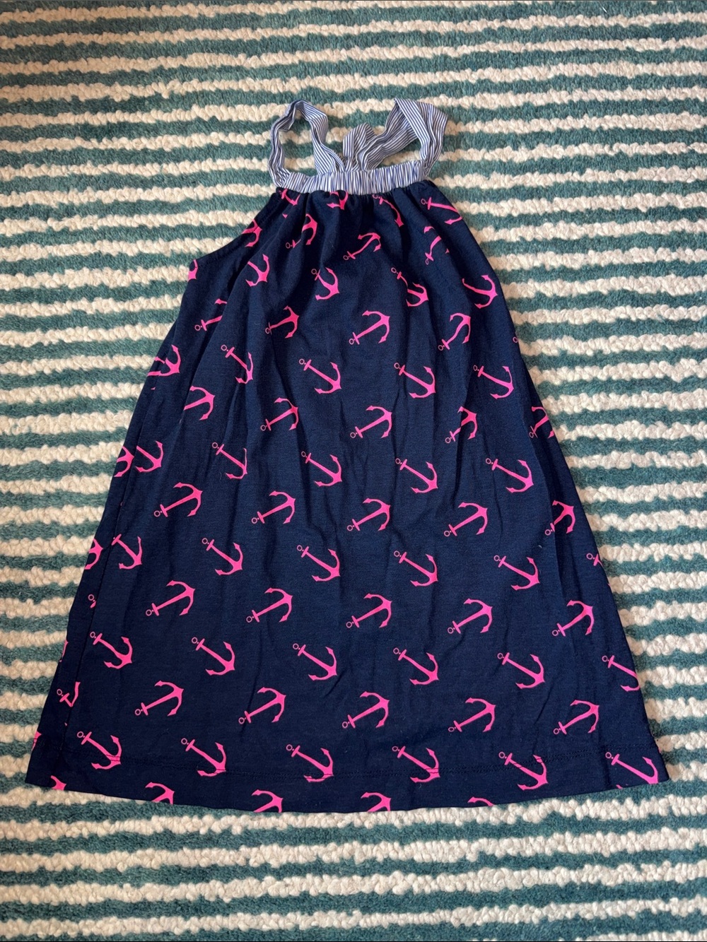 Crewcuts Navy & Hot Pink Anchor Print Sundress Striped bow halter xs nautical